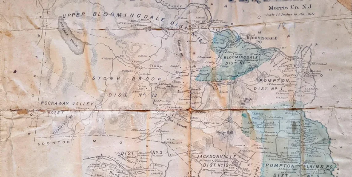 Pequannock Township on F.W. Beers' Atlas of Morris County, 1868 — the farms and family names of the land that became Kinnelon. Public domain.