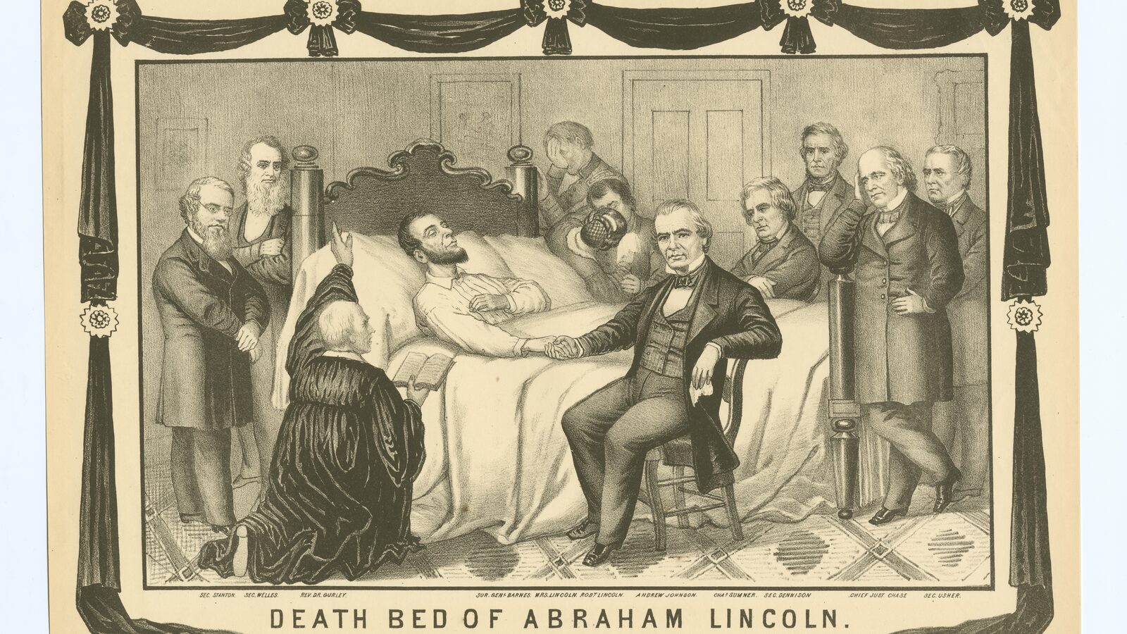 19th-century engraving of President Lincoln's deathbed, the scene Mary Cogswell Kinney witnessed.